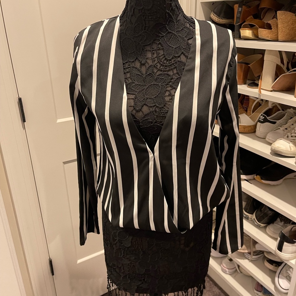 Black & White Striped Deep V Top